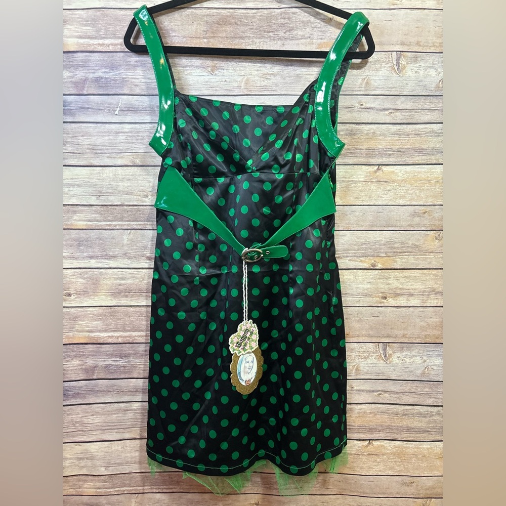 NWT Unique Waggon mini dress Black Green Polka Dot Size Large